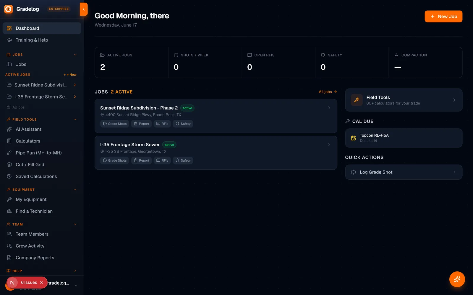 Gradelog dashboard — field overview with grade shots, photos and equipment status